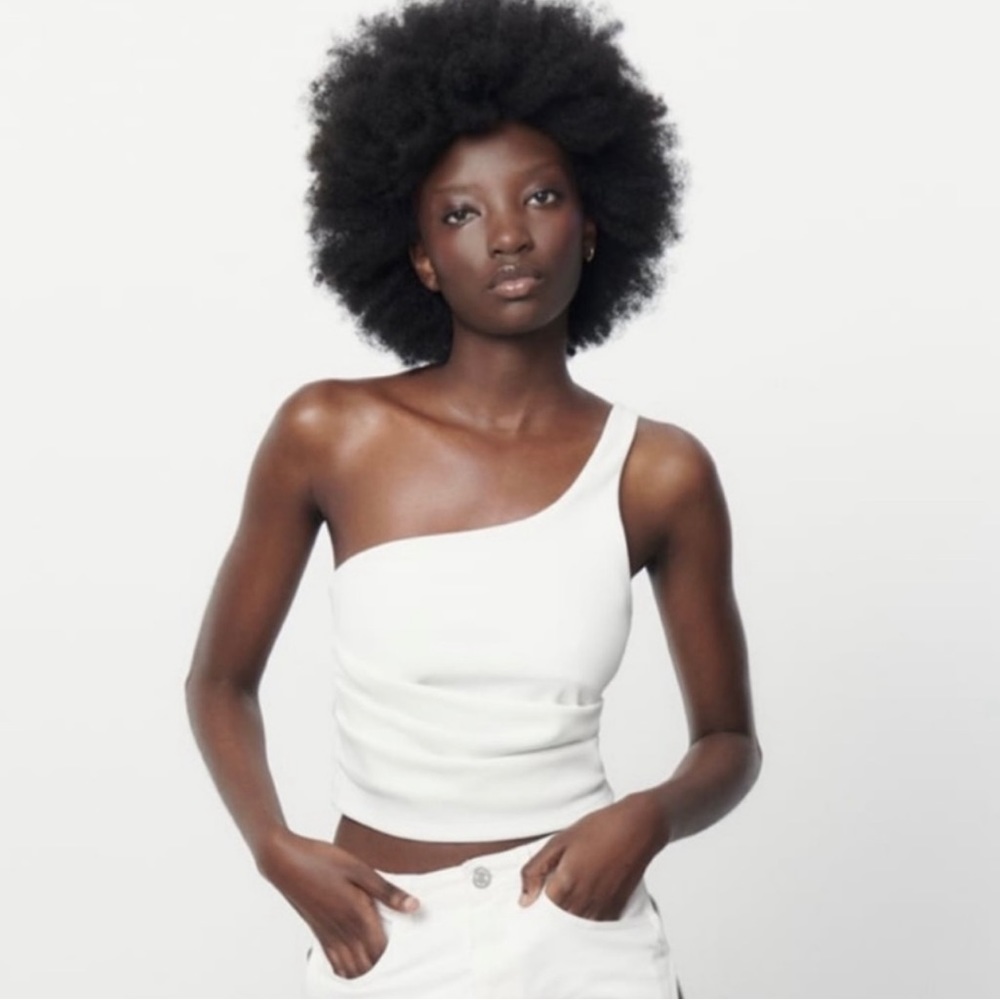 Zara White Ruched One Shoulder Top